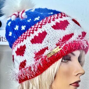Hand Knits 2 Love Beanie Winter Hat American Flag Hearts Designer Fashion Women
